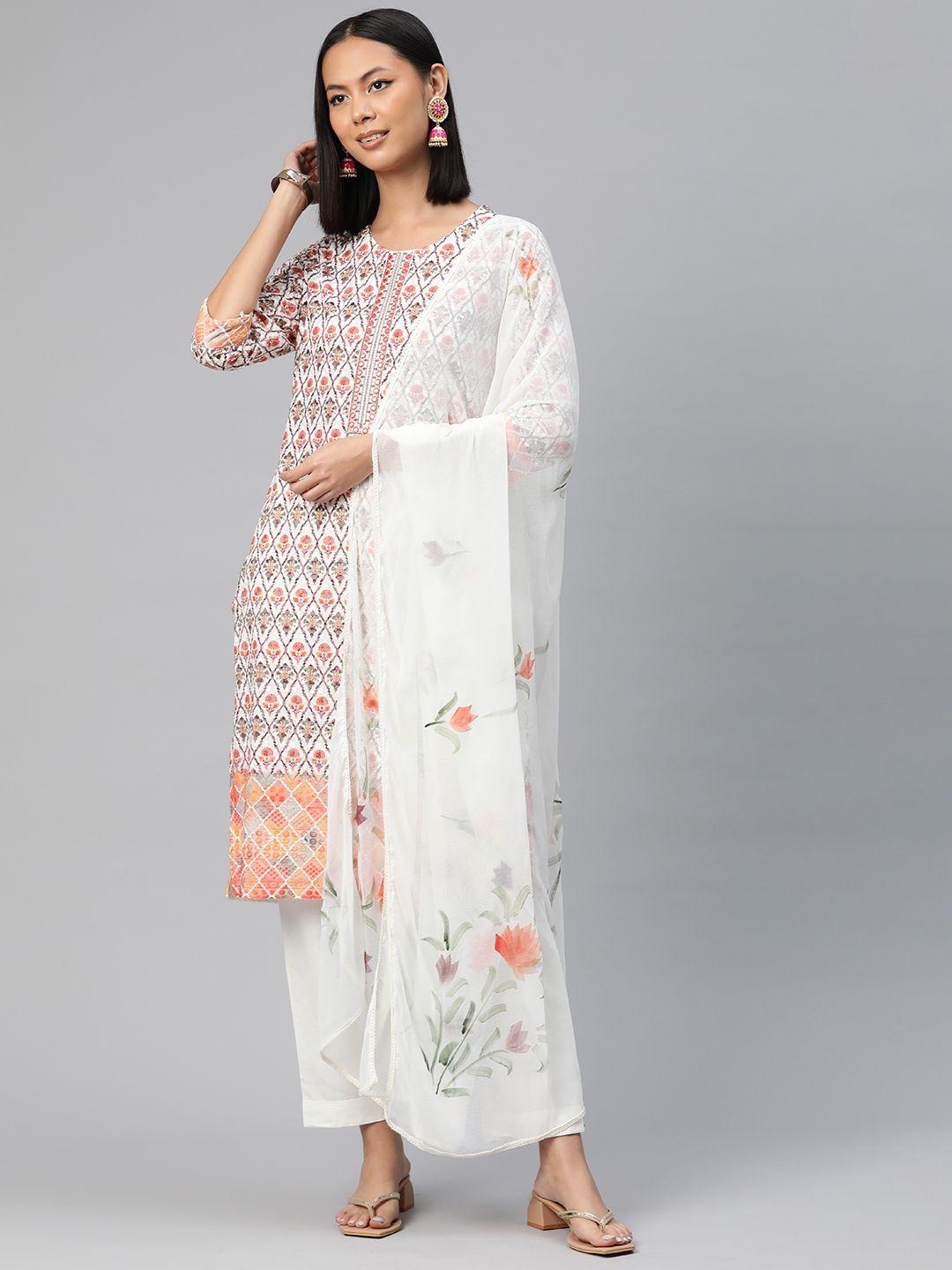 readiprint fashions floral printed chikankari pure cotton kurta with trousers & dupatta