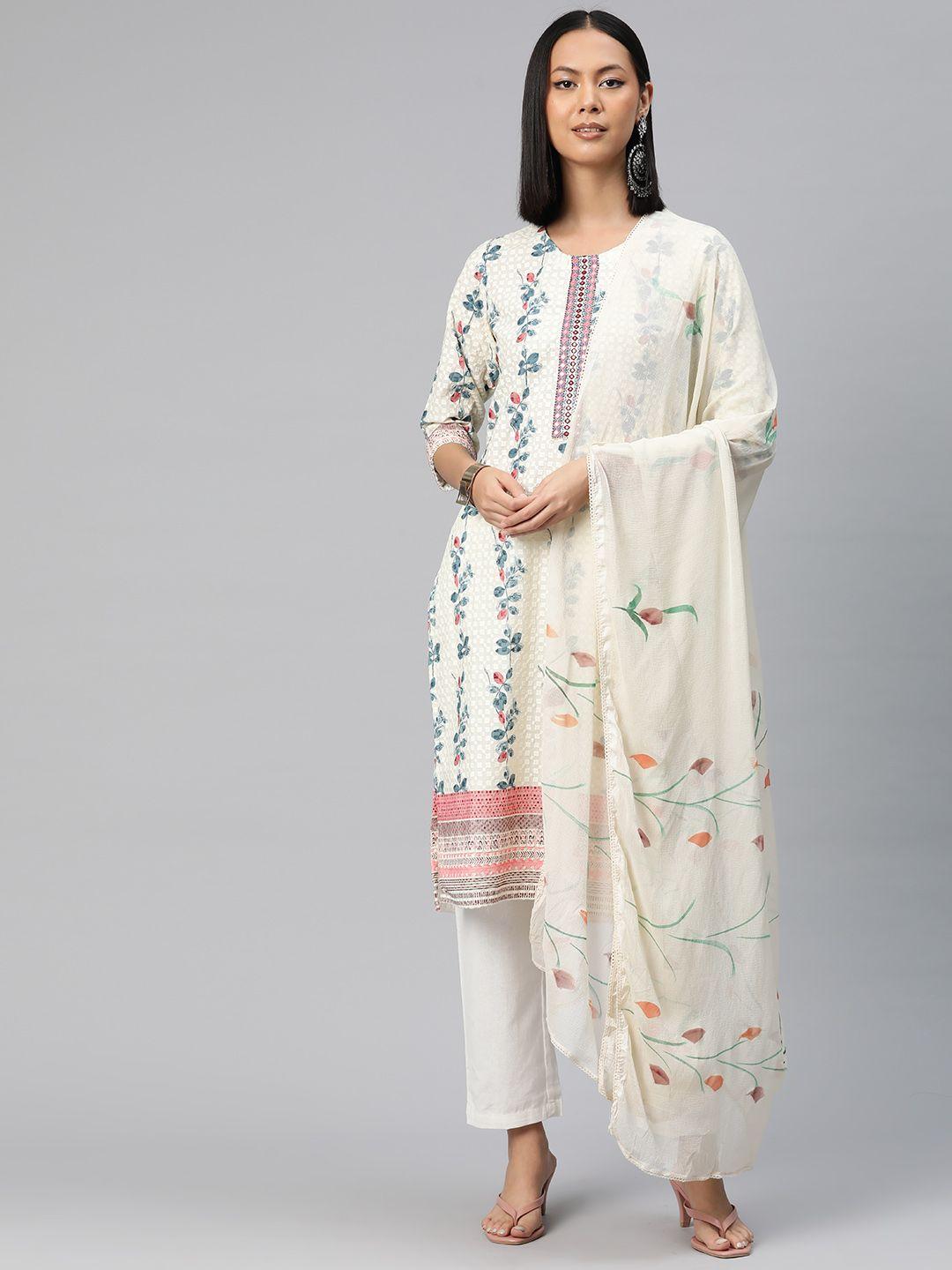 readiprint fashions floral printed chikankari pure cotton kurta with trousers & dupatta
