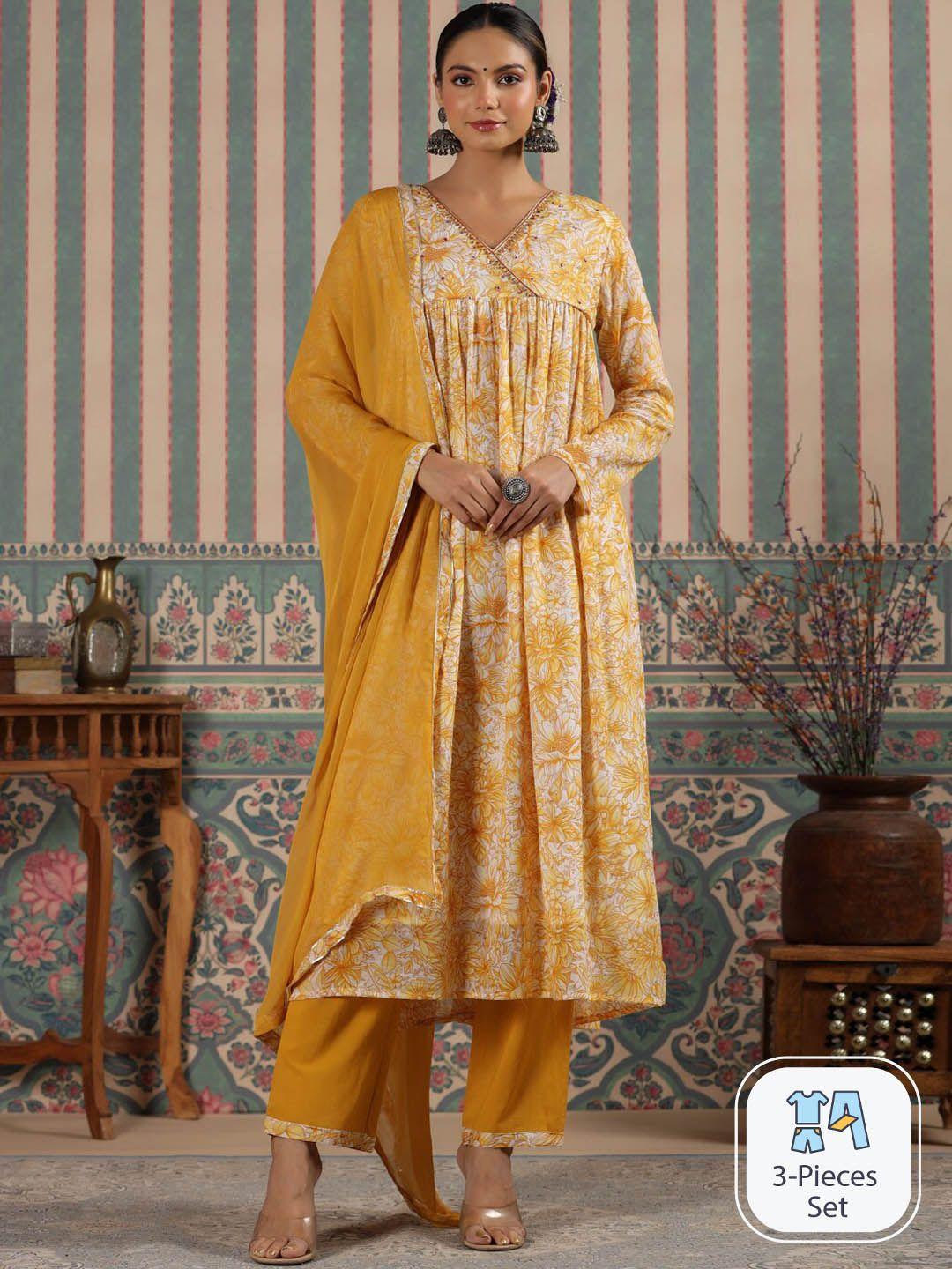 readiprint fashions floral printed empire pure cotton kurta with palazzos & dupatta