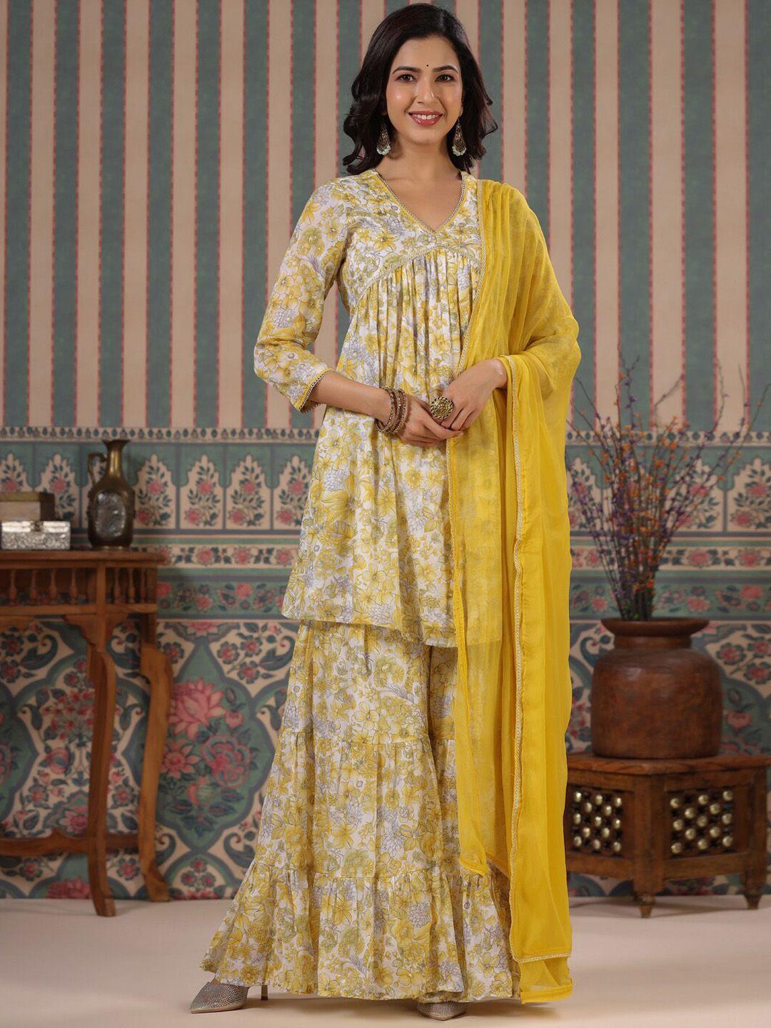 readiprint fashions floral printed empire pure cotton kurta with sharara & dupatta