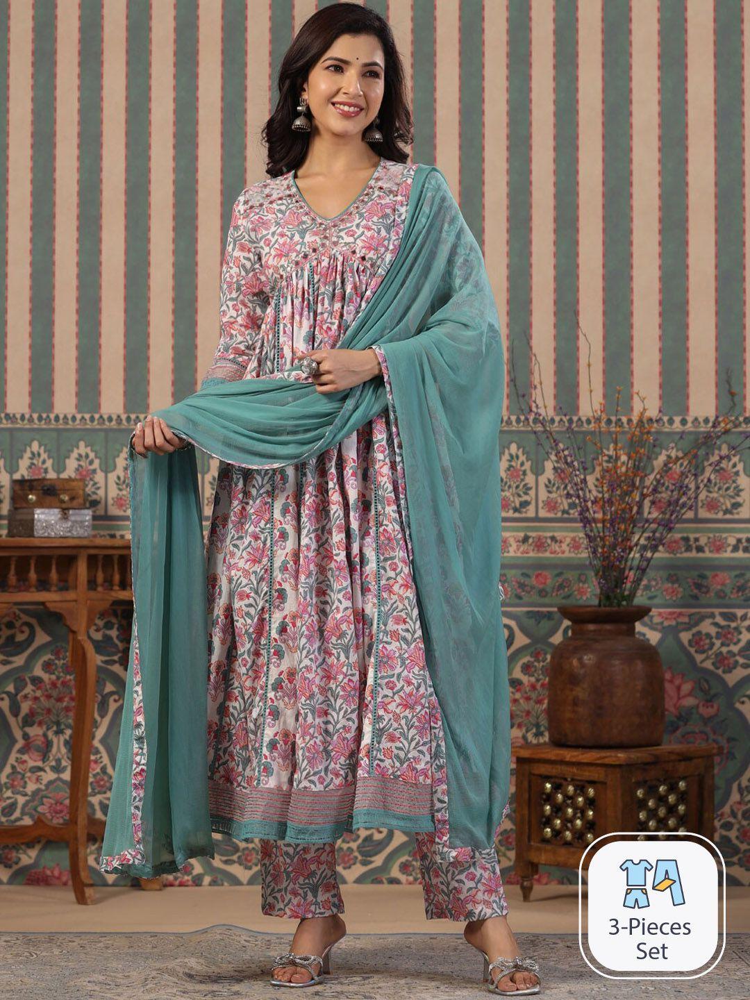 readiprint fashions floral printed empire pure cotton kurta with trousers & with dupatta