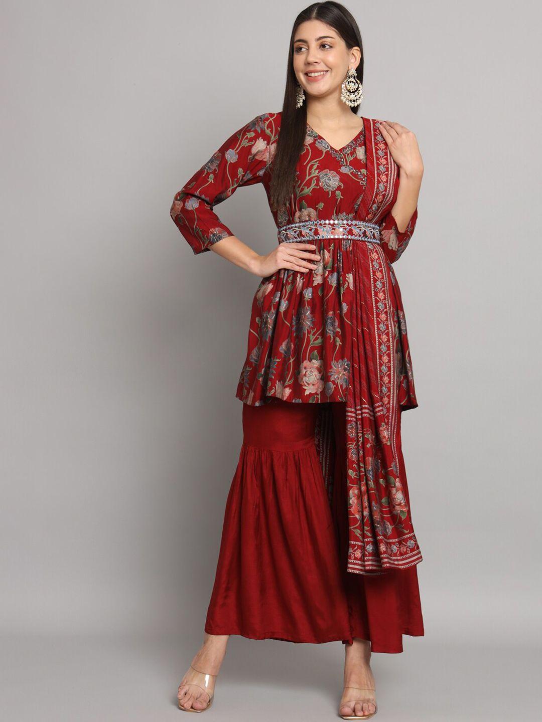 readiprint fashions floral printed empire pure silk kurti with sharara & with dupatta