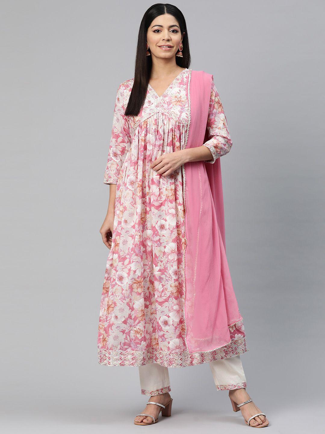 readiprint fashions floral printed empire sequinned pure cotton kurta set