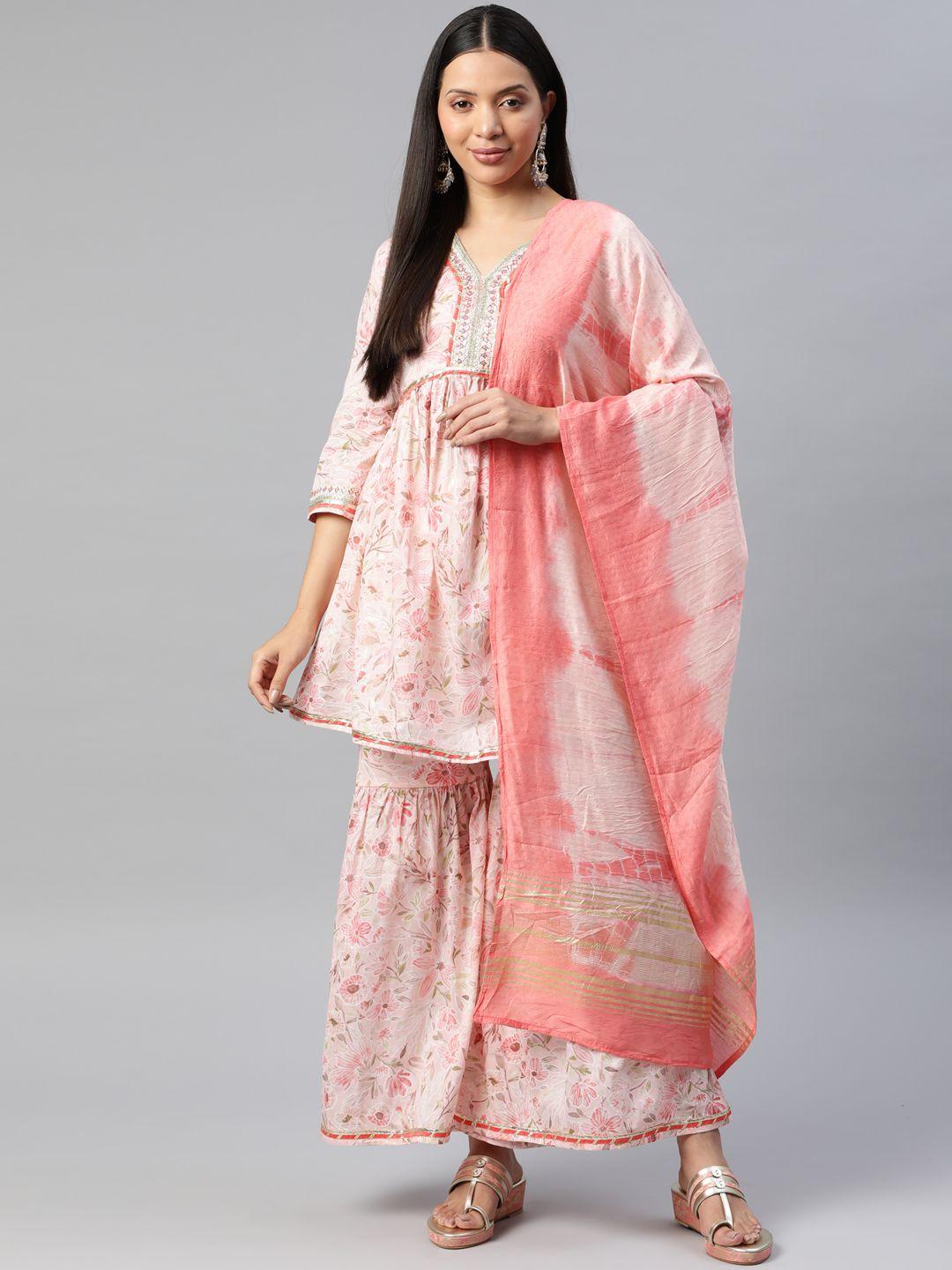 readiprint fashions floral printed gotta patti pure cotton kurta with sharara & dupatta