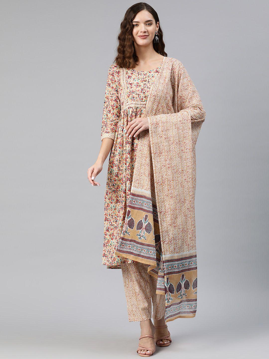 readiprint fashions floral printed mirror work cotton kurta with palazzos & dupatta