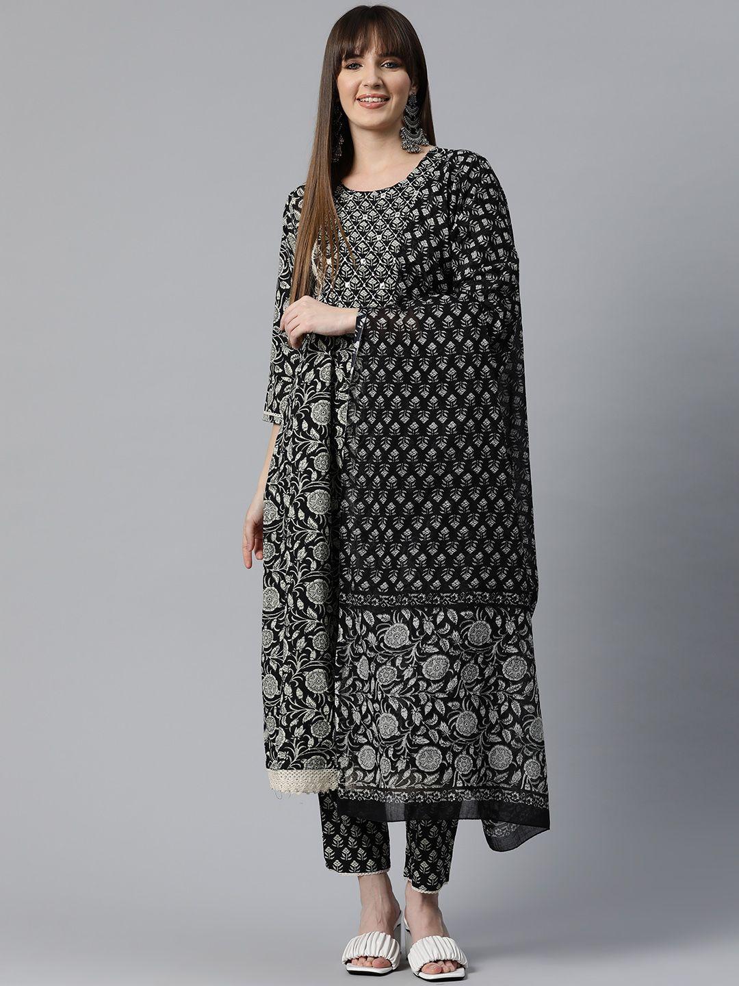 readiprint fashions floral printed mirror work cotton kurta with palazzos & dupatta