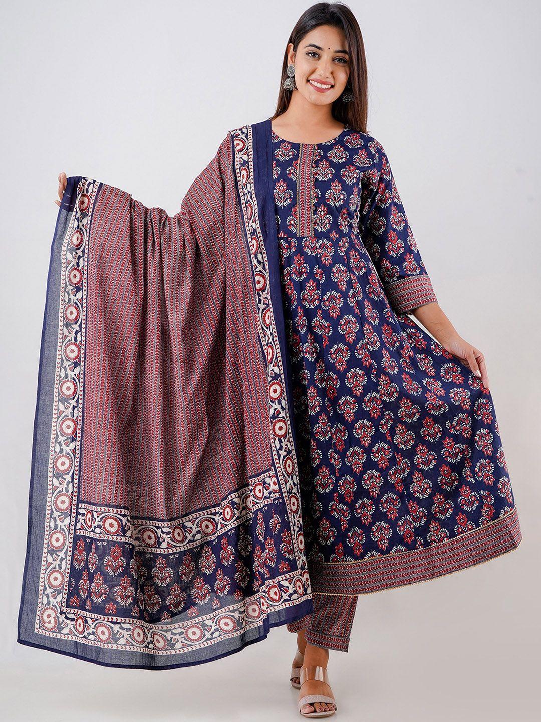 readiprint fashions floral printed mirror work pure cotton kurta with palazzos & dupatta