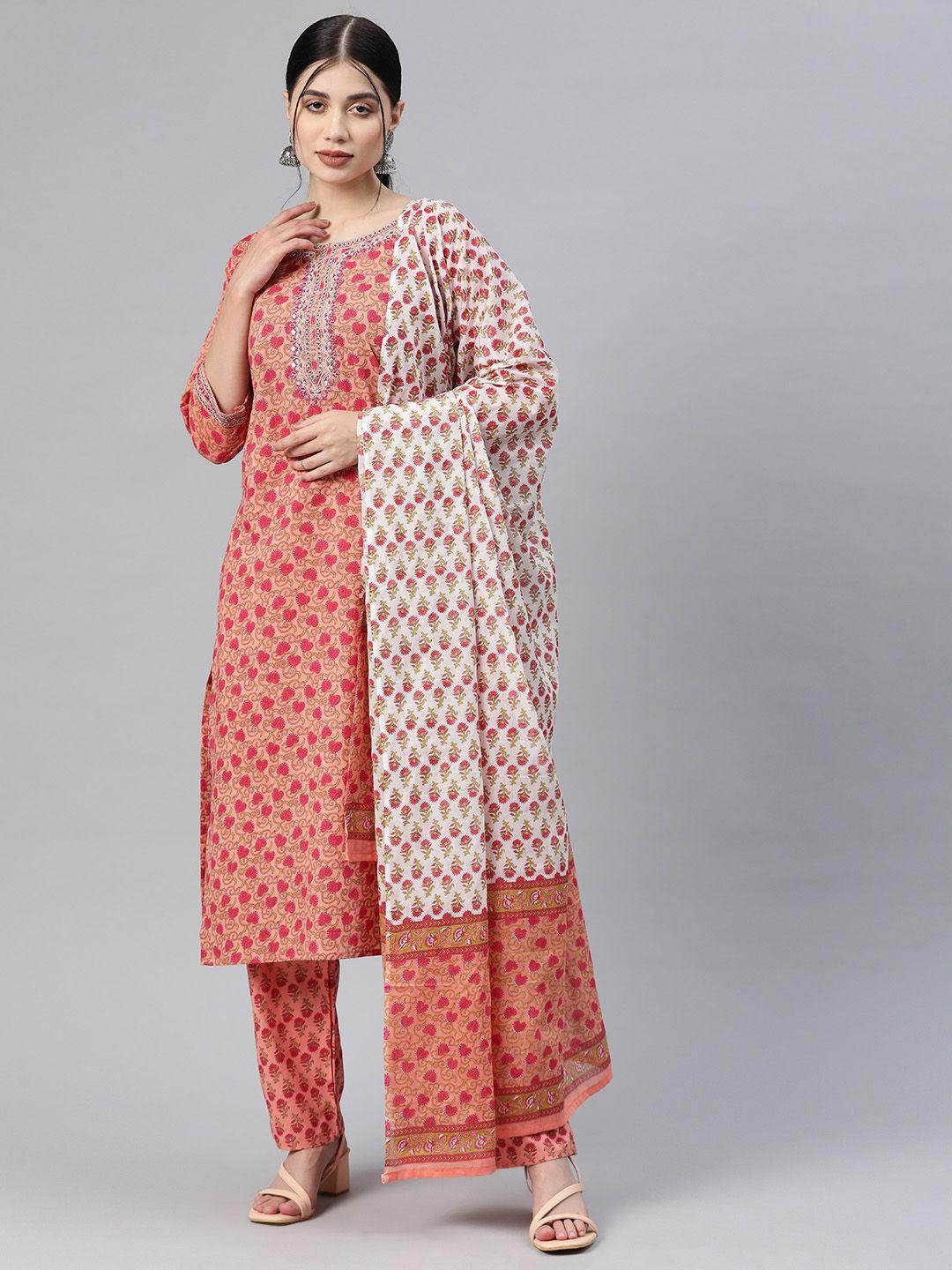 readiprint fashions floral printed mirror work pure cotton kurta with palazzos & dupatta