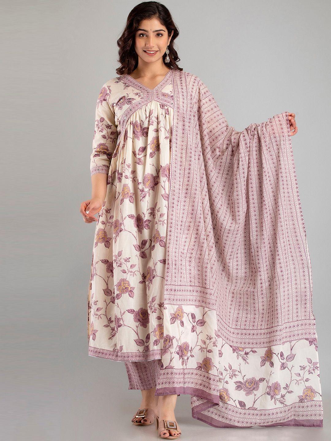 readiprint fashions floral printed mirror work pure cotton kurta with trousers & dupatta