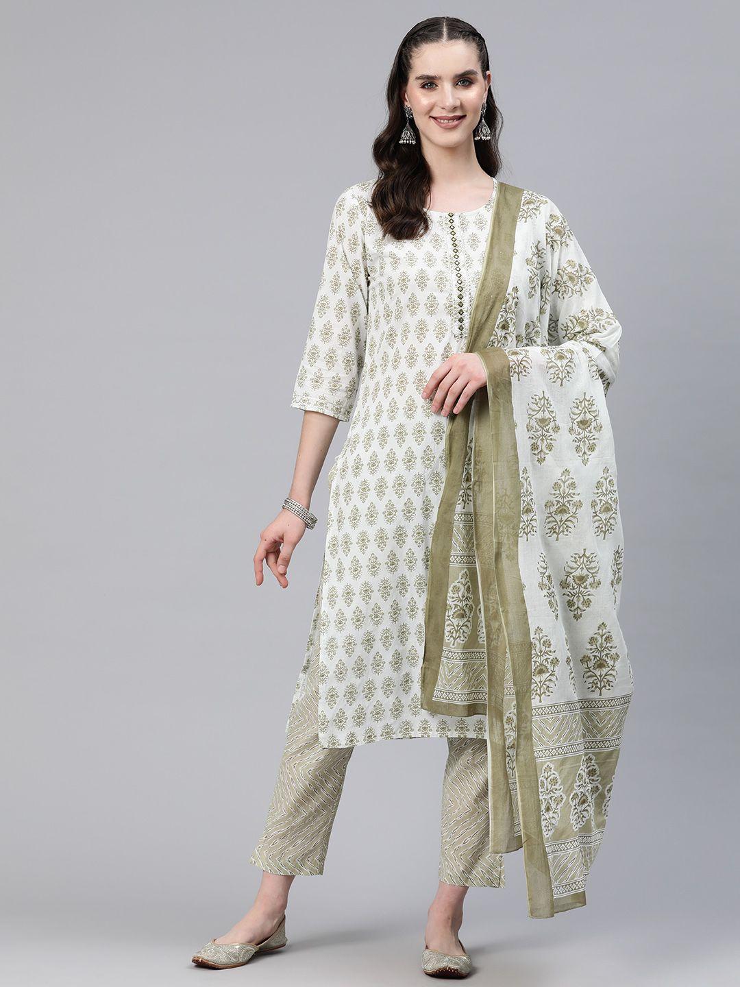 readiprint fashions floral printed mirror work pure cotton kurta with trousers & dupatta