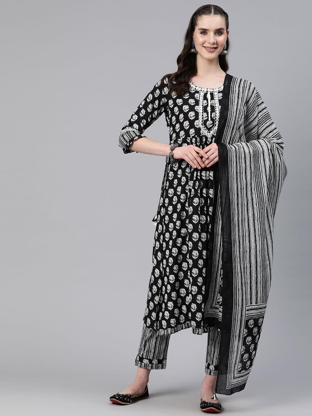 readiprint fashions floral printed mirror work pure cotton kurta with trousers & dupatta