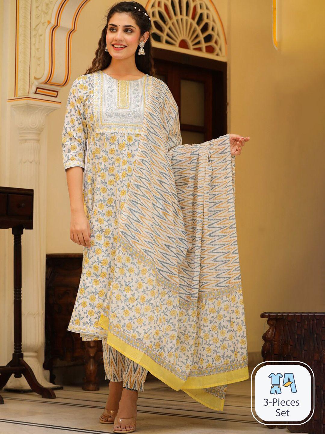 readiprint fashions floral printed mirror work pure cotton kurta with trousers & dupatta