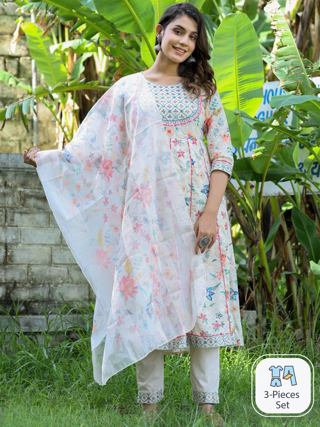 readiprint fashions floral printed mirror work pure cotton kurta with trousers & dupatta