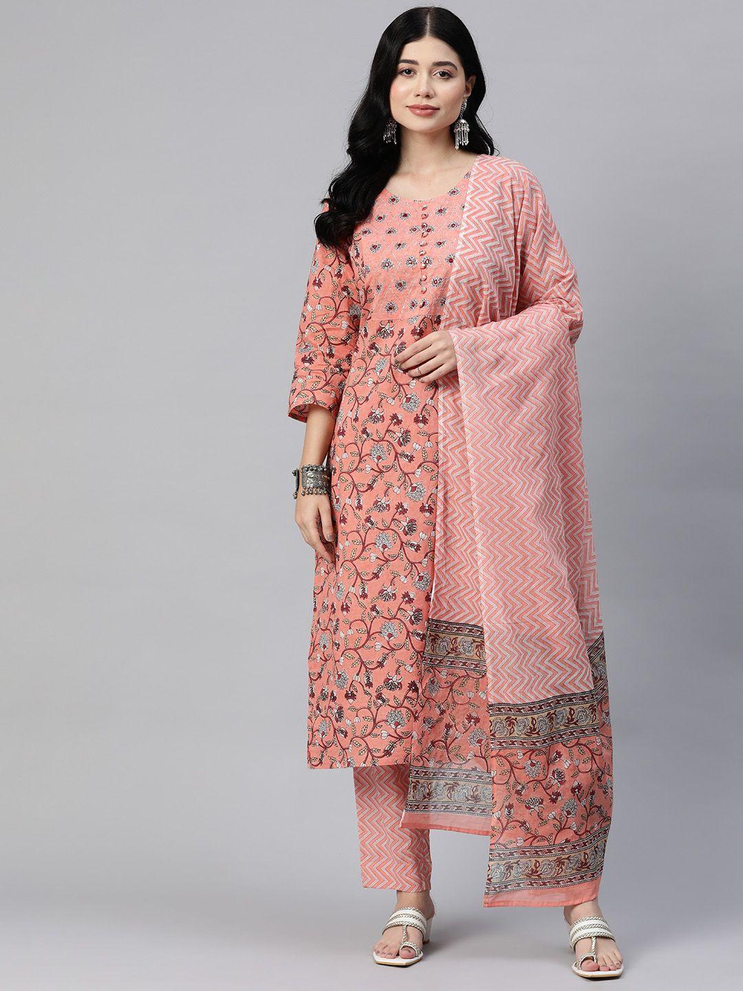 readiprint fashions floral printed mirror work pure cotton kurta with trousers & dupatta