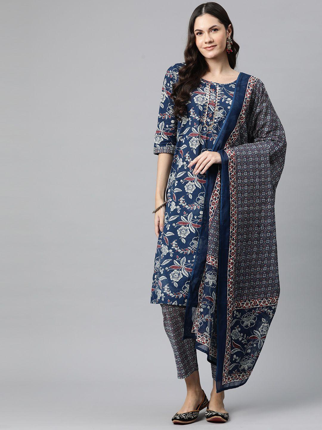 readiprint fashions floral printed mirror work pure cotton kurta with trousers & dupatta