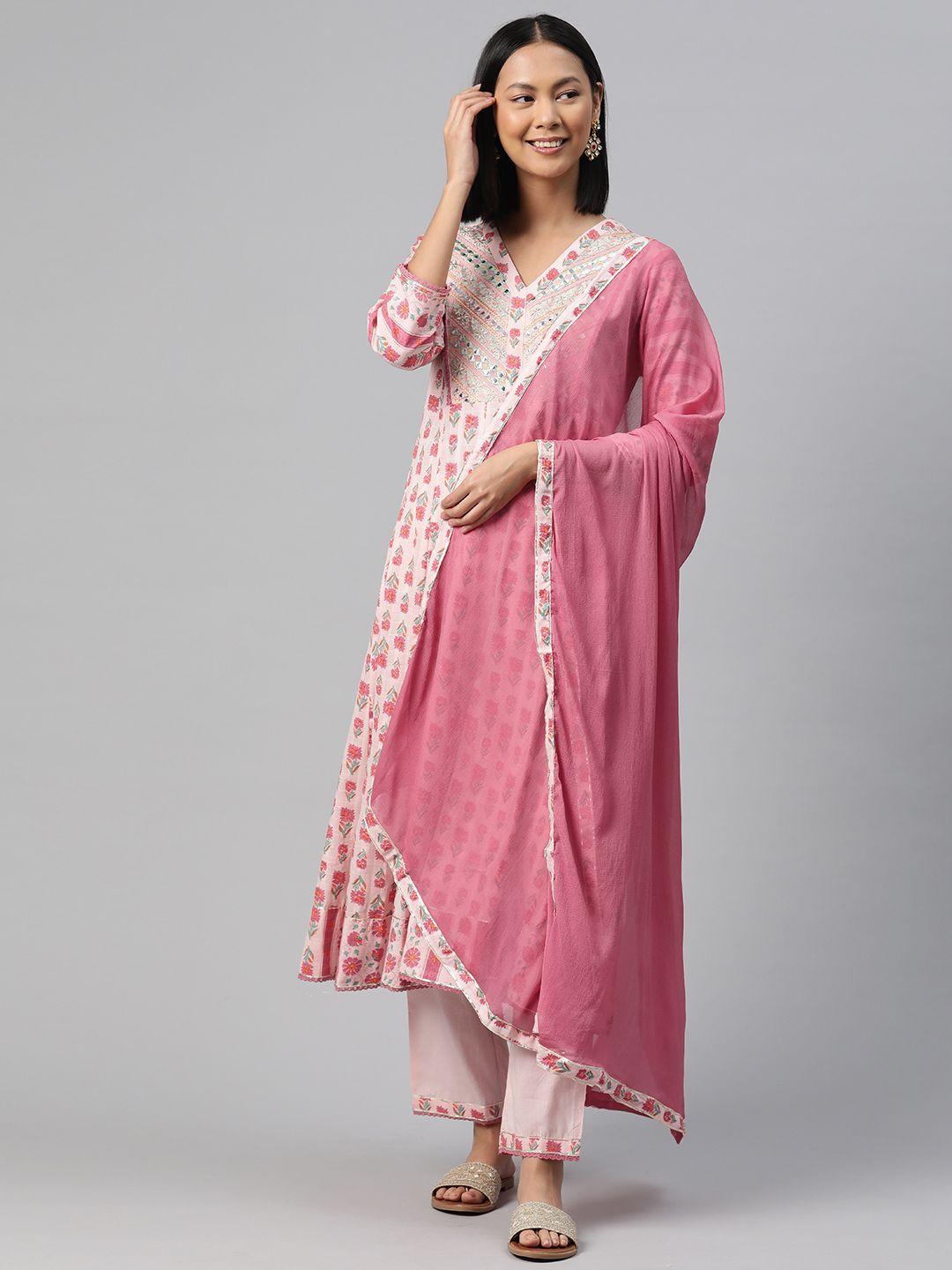 readiprint fashions floral printed mirror work pure cotton kurta with trousers & dupatta