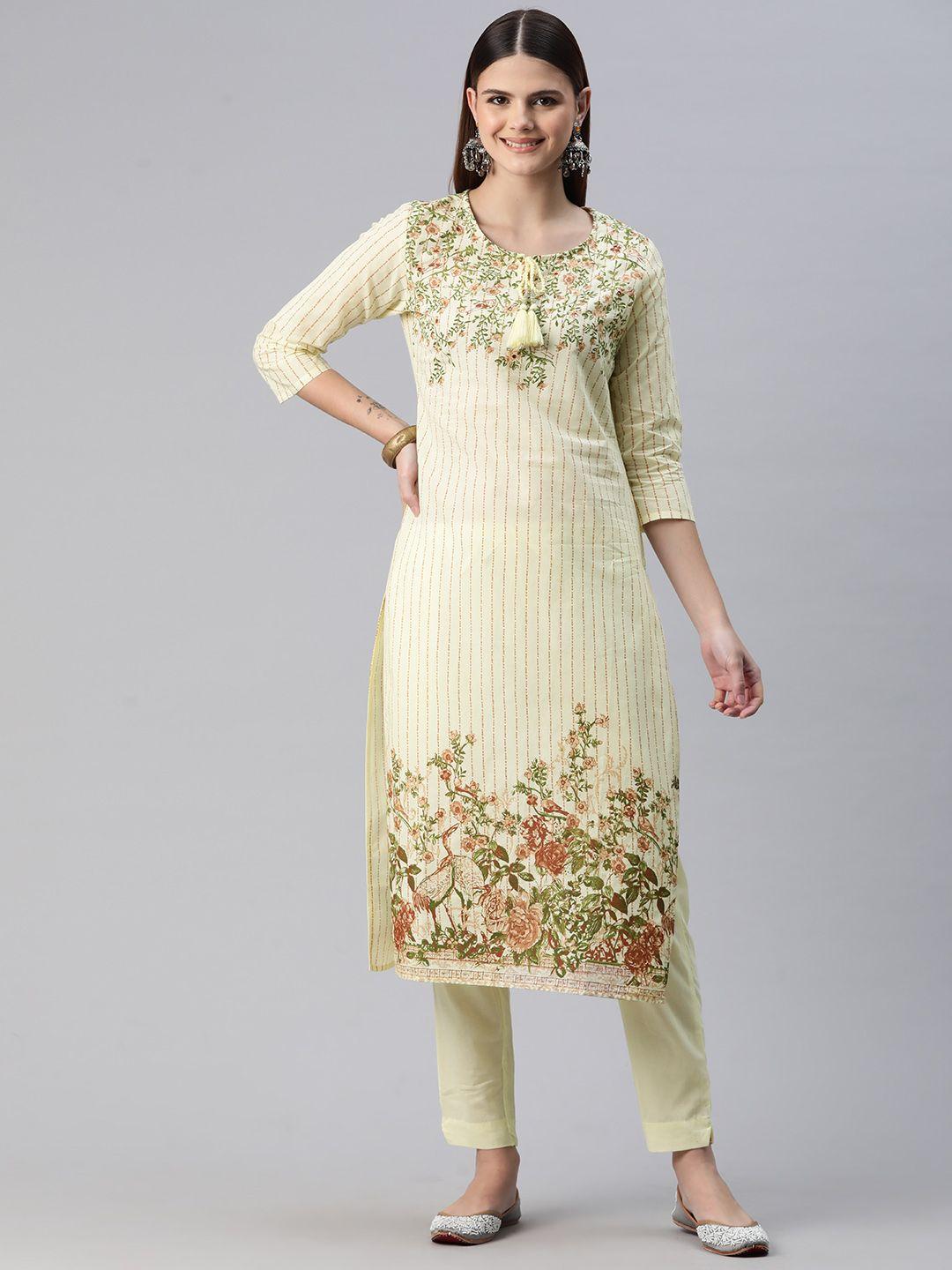 readiprint fashions floral printed mirror work pure cotton kurta with trousers