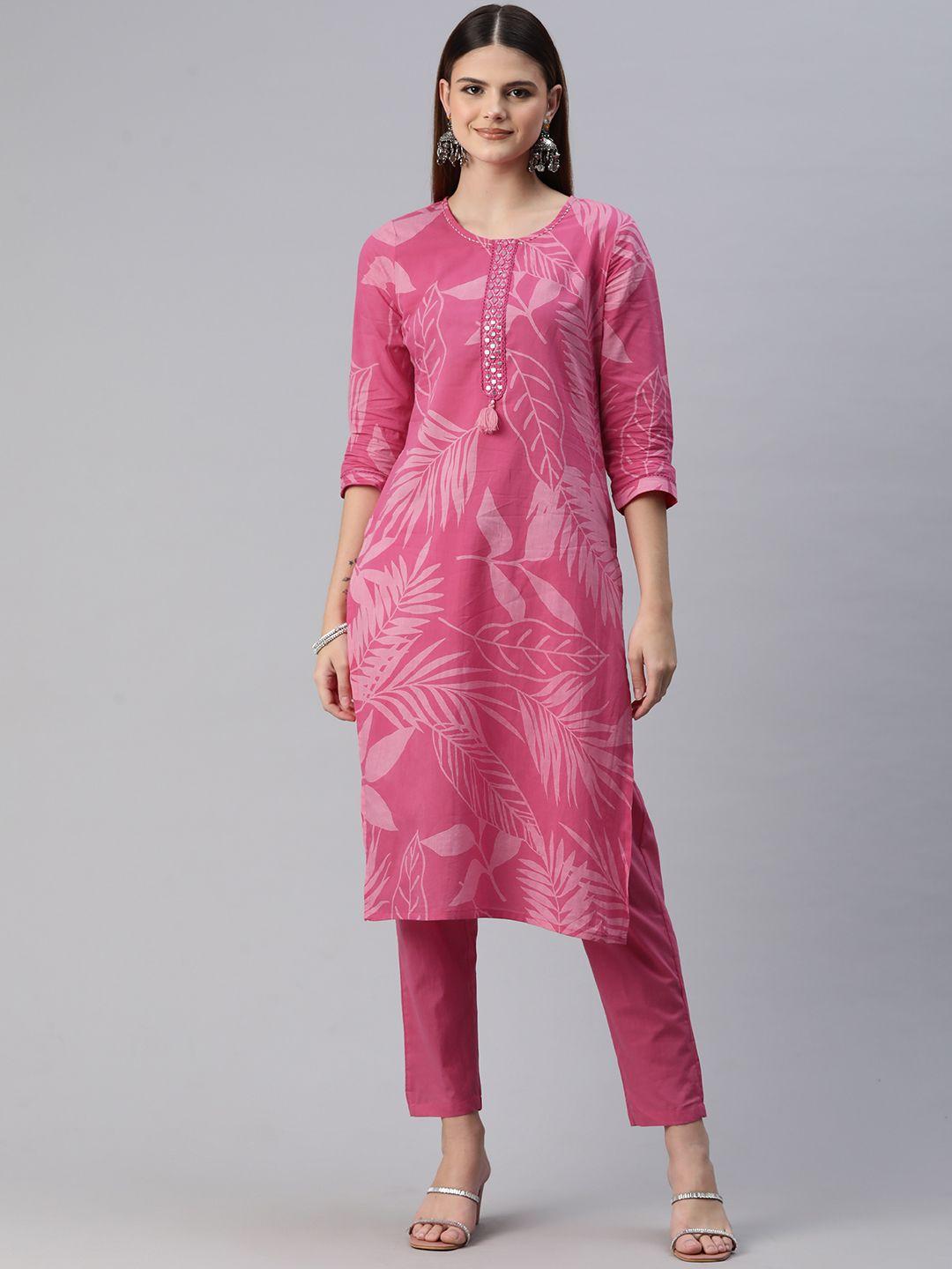 readiprint fashions floral printed mirror work pure cotton kurta with trousers