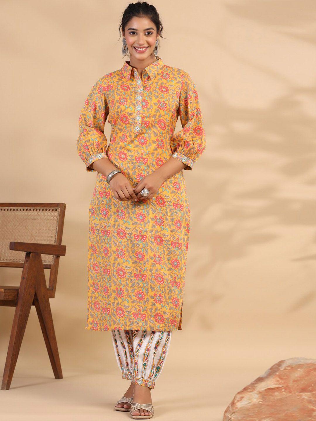 readiprint fashions floral printed mirror work pure cotton kurti with trousers
