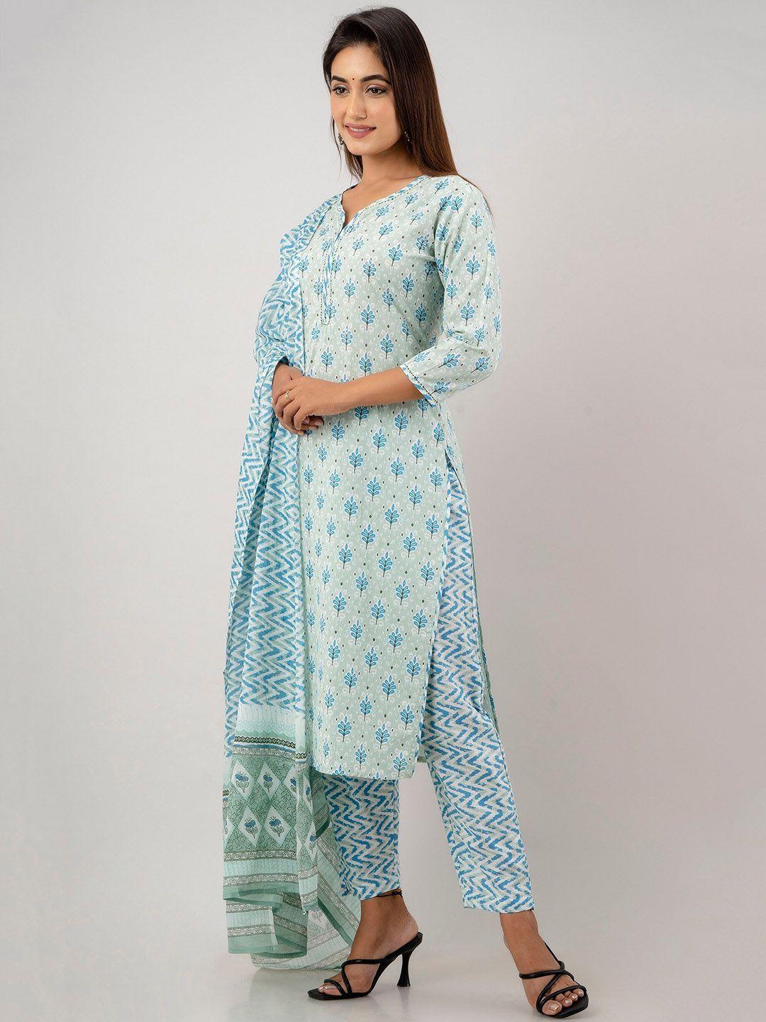 readiprint fashions floral printed notched neck pure cotton kurta with trousers & dupatta