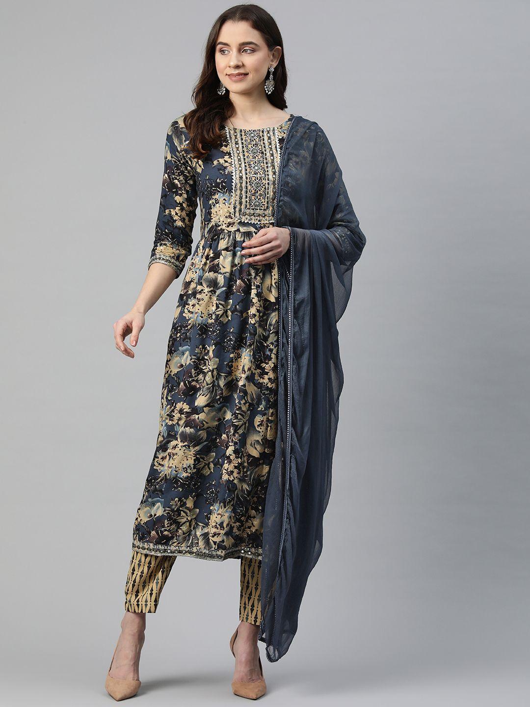 readiprint fashions floral printed pleated mirror work kurta with trousers & dupatta