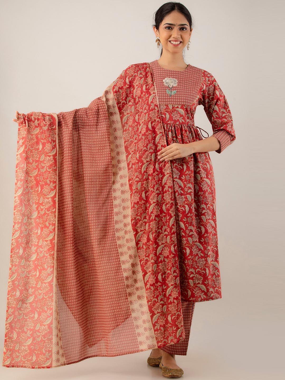 readiprint fashions floral printed pleated pure cotton kurta with trousers & dupatta