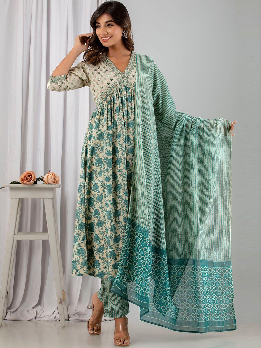 readiprint fashions floral printed pleated pure cotton kurta with trousers & dupatta