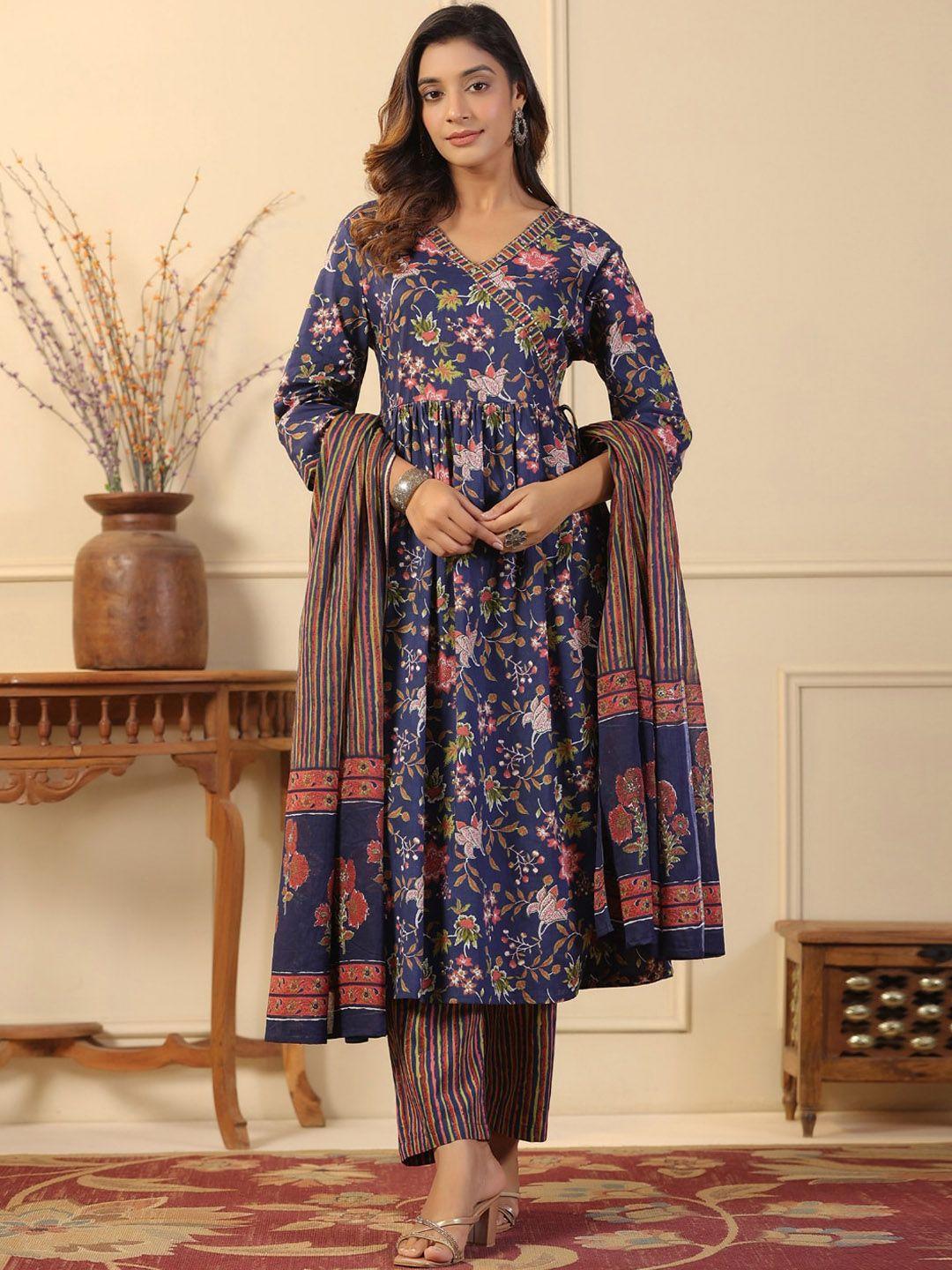 readiprint fashions floral printed pure cotton anarkali kurta with tousers & dupatta