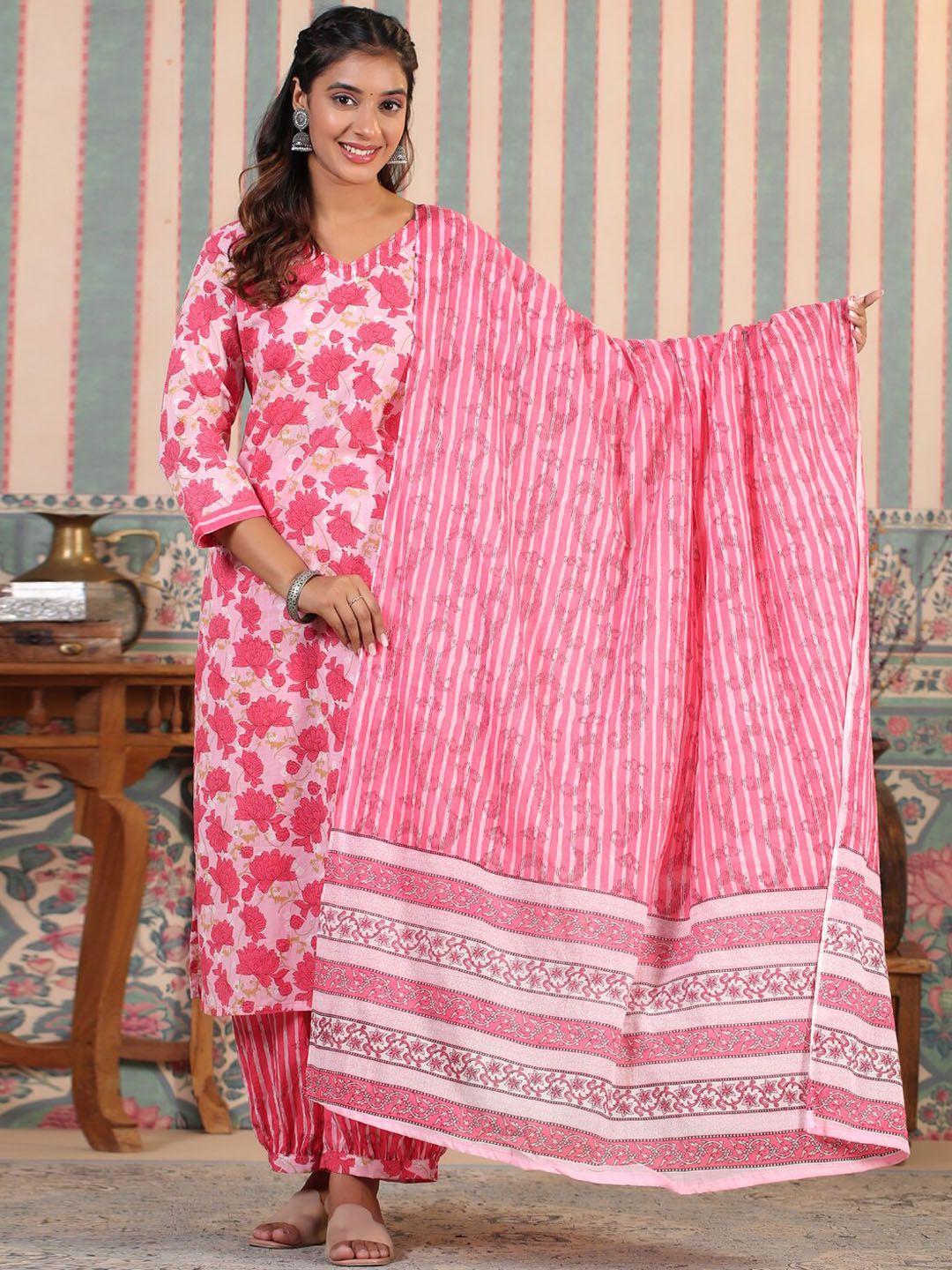 readiprint fashions floral printed pure cotton kurta with harem pants & dupatta