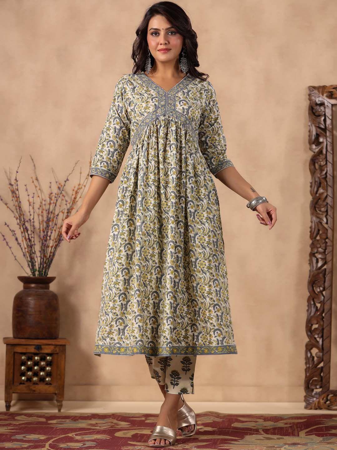 readiprint fashions floral printed pure cotton kurta with trousers & dupatta