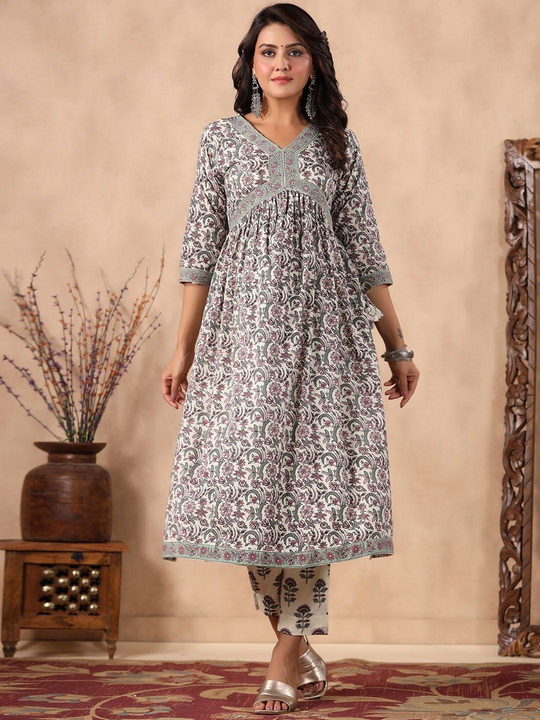 readiprint fashions floral printed pure cotton kurta with trousers & dupatta