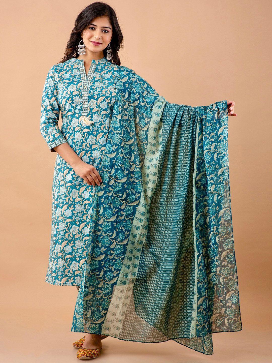 readiprint fashions floral printed pure cotton kurta with trousers & dupatta