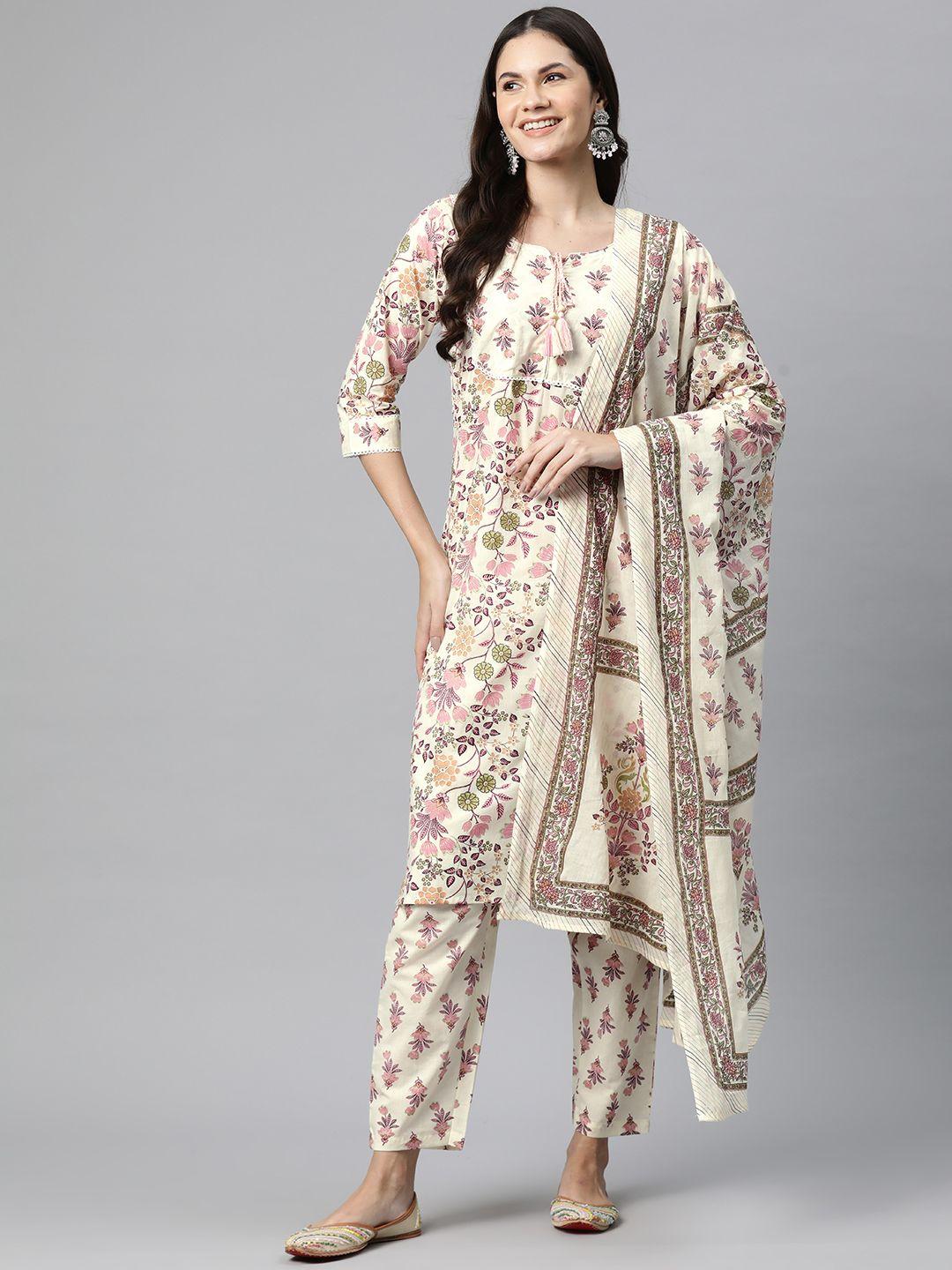 readiprint fashions floral printed pure cotton kurta with trousers & dupatta