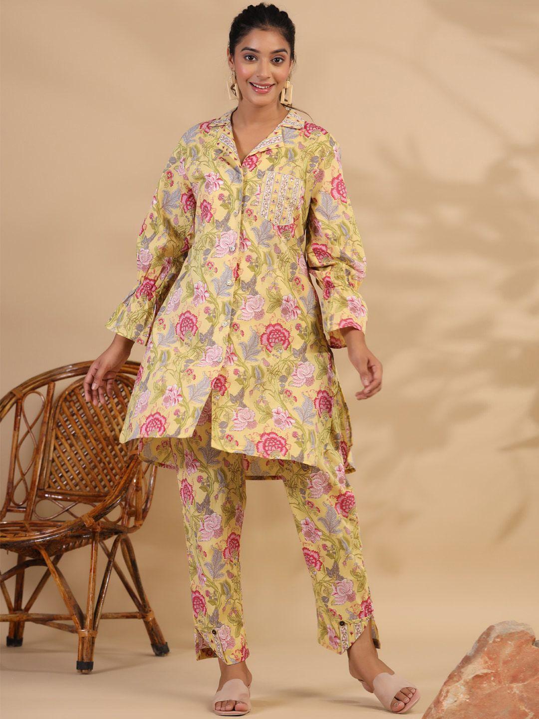 readiprint fashions floral printed regular aari work pure cotton kurta with trousers