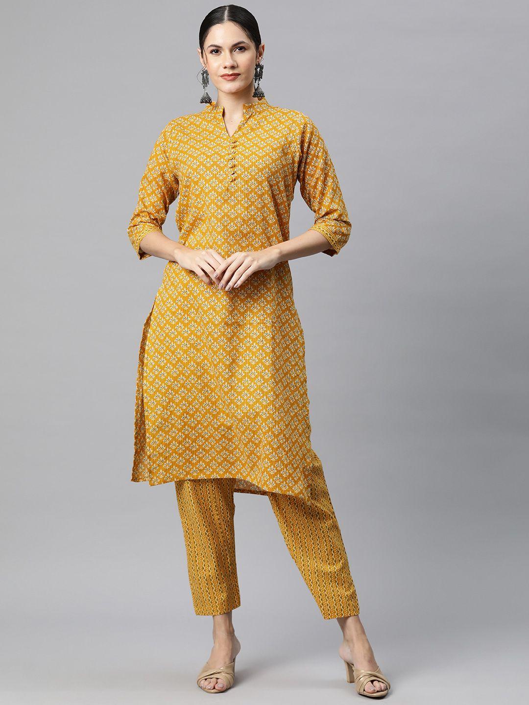 readiprint fashions floral printed regular kantha work pure cotton kurta with trousers
