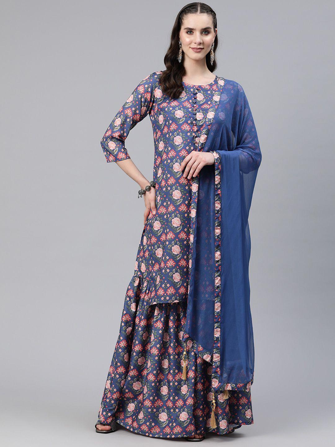 readiprint fashions floral printed regular kurta with sharara & with dupatta