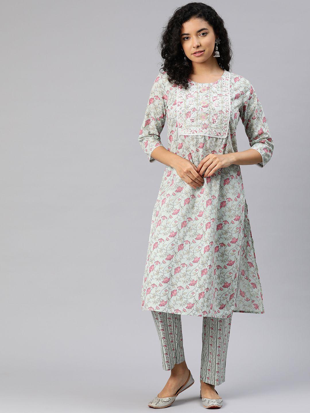 readiprint fashions floral printed regular mirror work pure cotton kurta with trousers