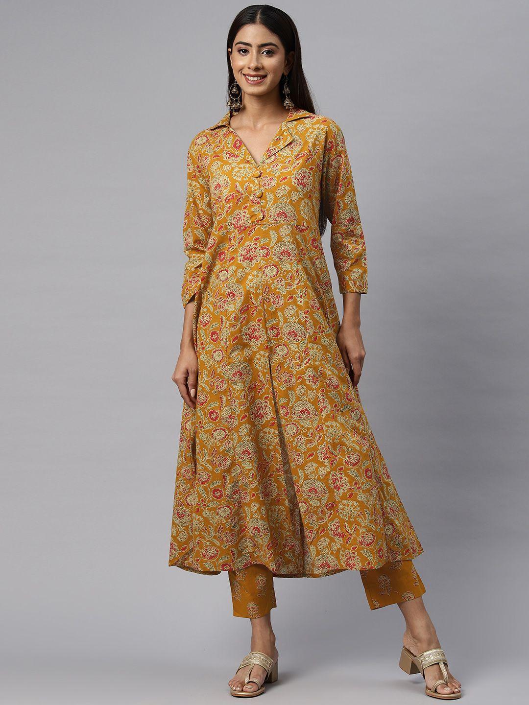 readiprint fashions floral printed regular pure cotton kurta with trousers