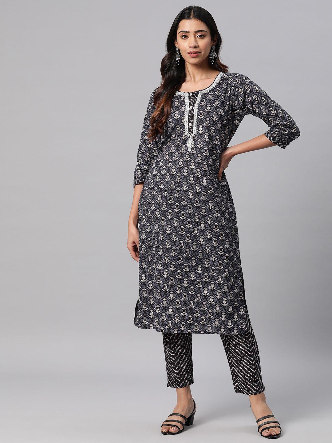 readiprint fashions floral printed regular pure cotton kurta with trousers