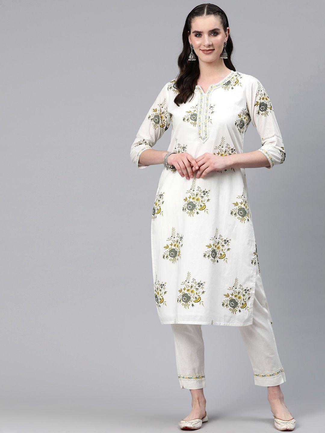 readiprint fashions floral printed regular thread work pure cotton kurta with trousers