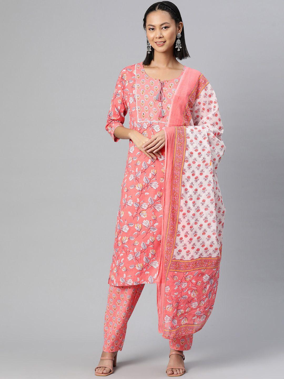 readiprint fashions floral printed sequinned pure cotton kurta with palazzos & dupatta