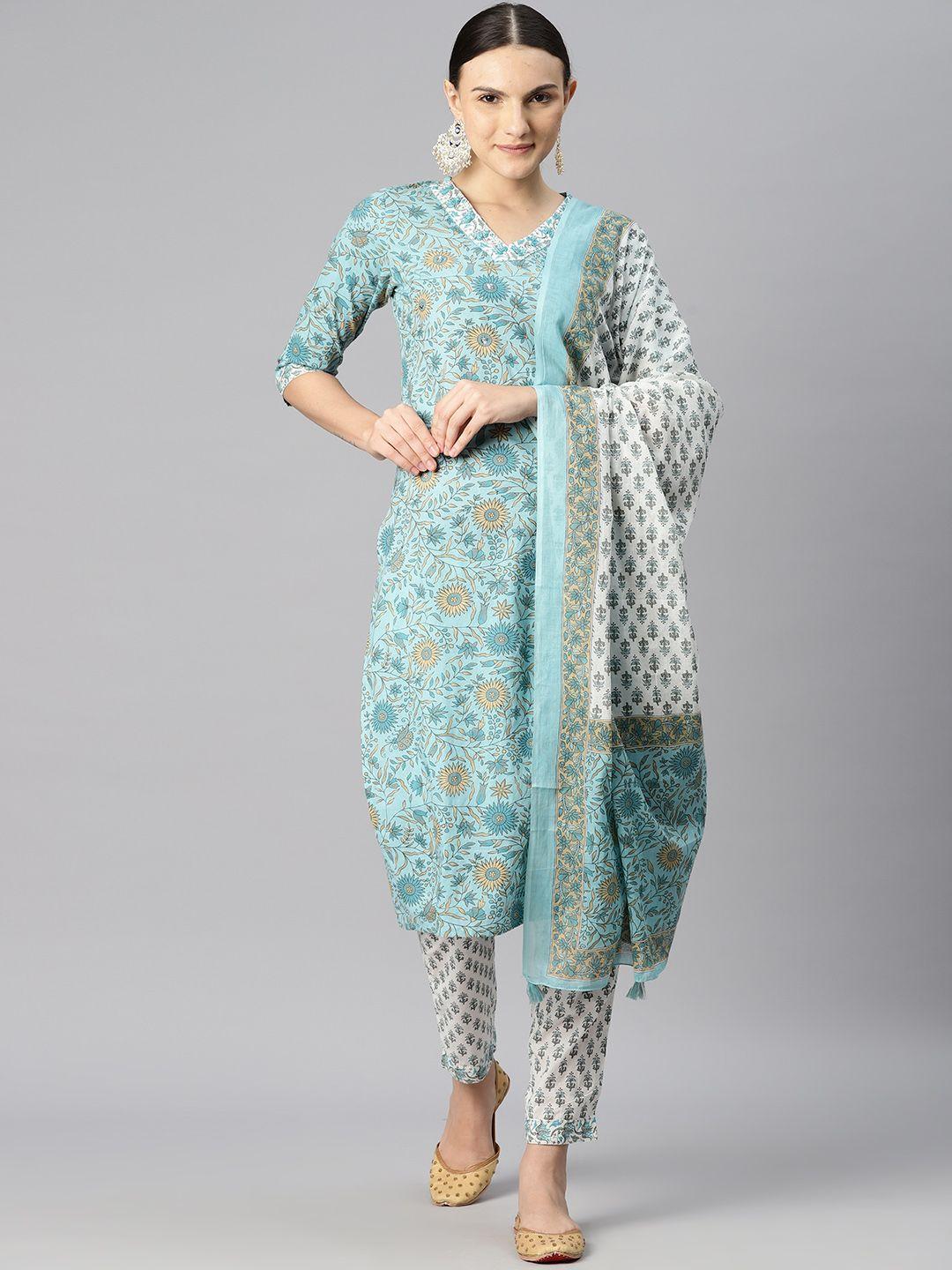readiprint fashions floral printed sequinned pure cotton kurta with palazzos & dupatta