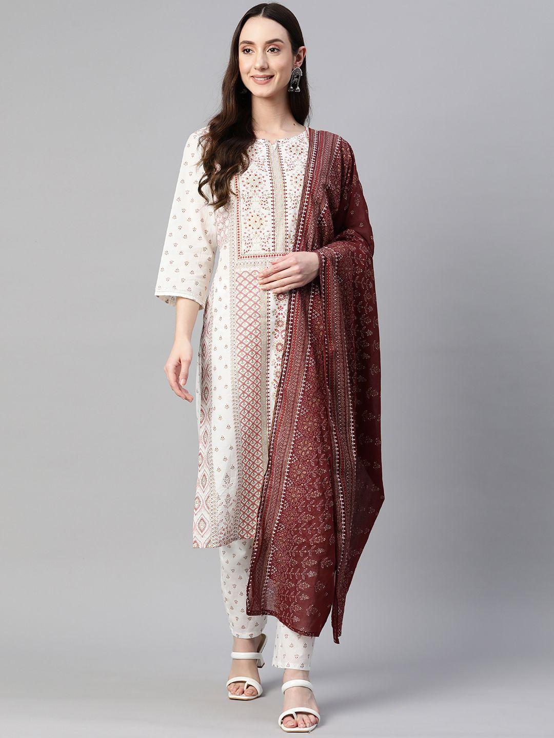 readiprint fashions floral printed sequinned pure cotton kurta with trousers & dupatta