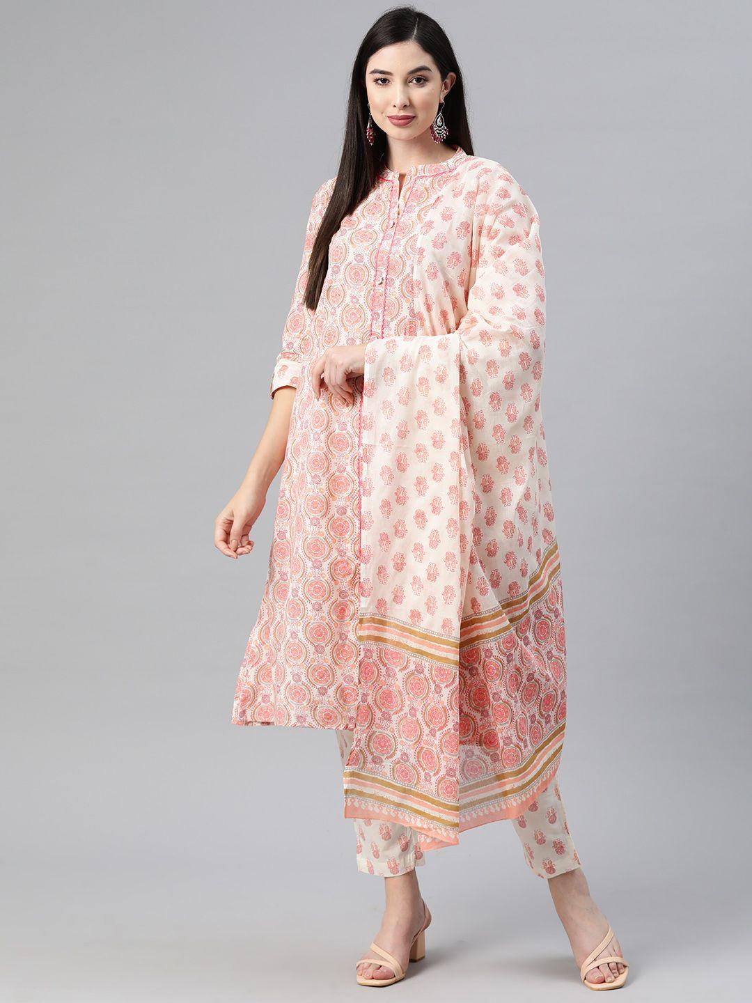 readiprint fashions floral printed sequinned pure cotton kurta with trousers & dupatta