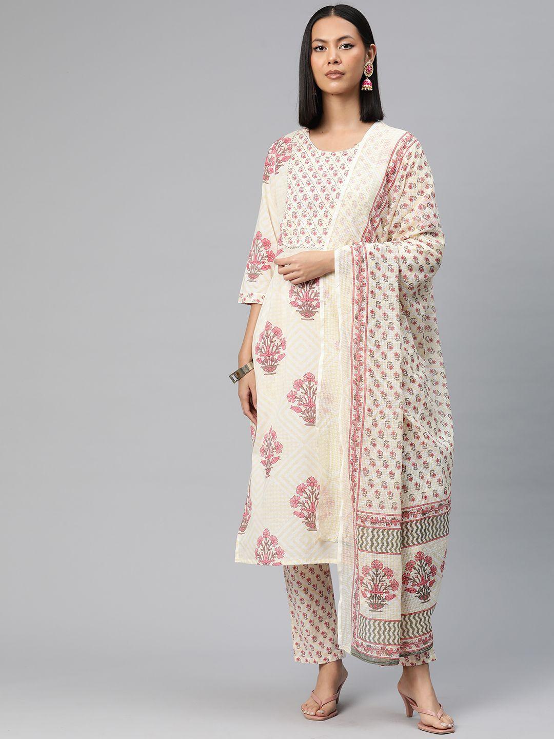 readiprint fashions floral printed sequinned pure cotton kurta with trousers & dupatta