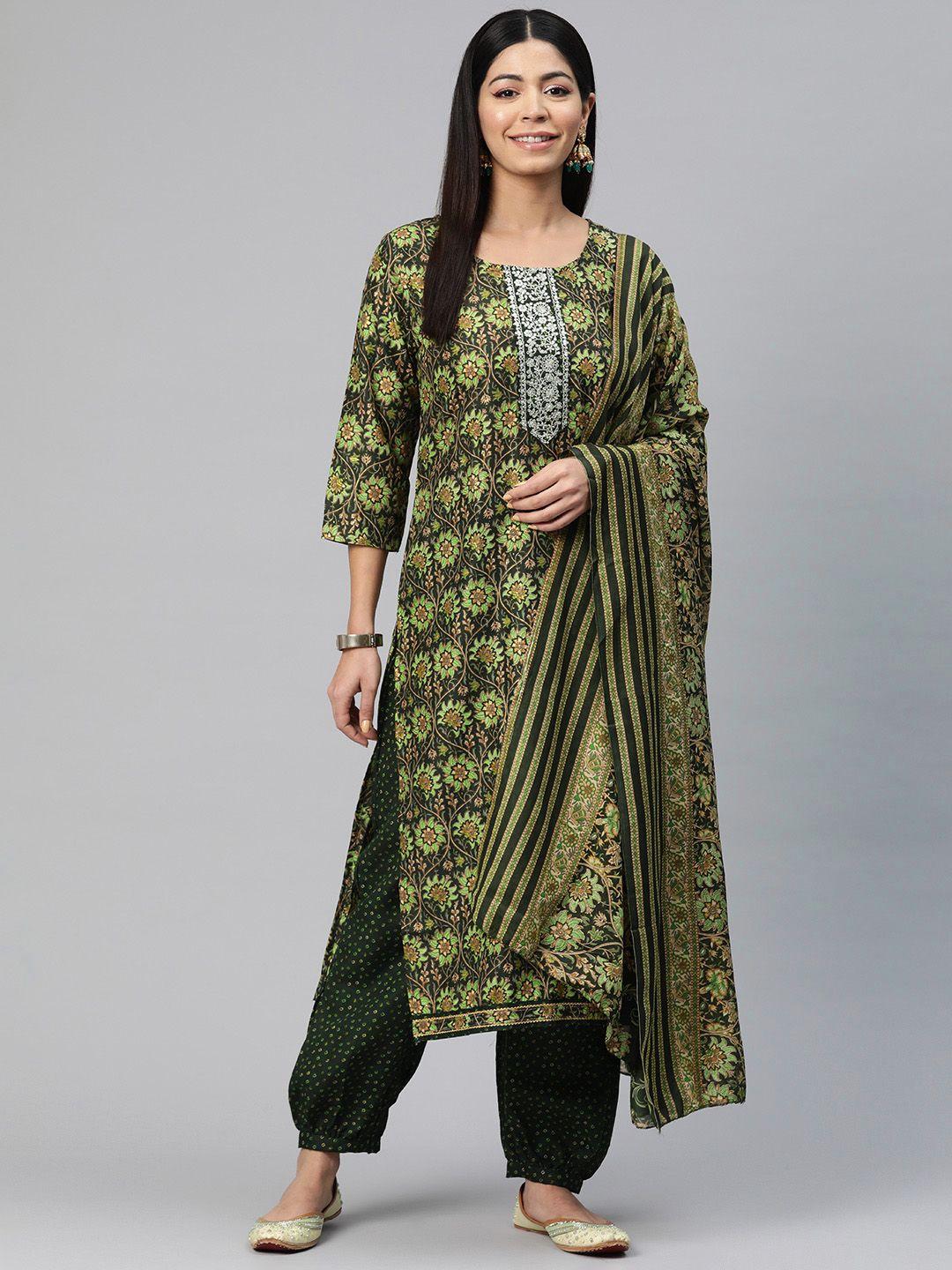 readiprint fashions floral printed sequinned pure silk kurta with salwar & dupatta