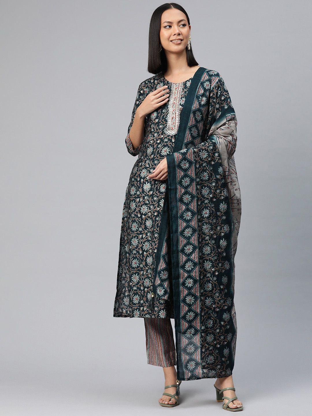 readiprint fashions floral printed sequinned pure silk kurta with trousers & dupatta