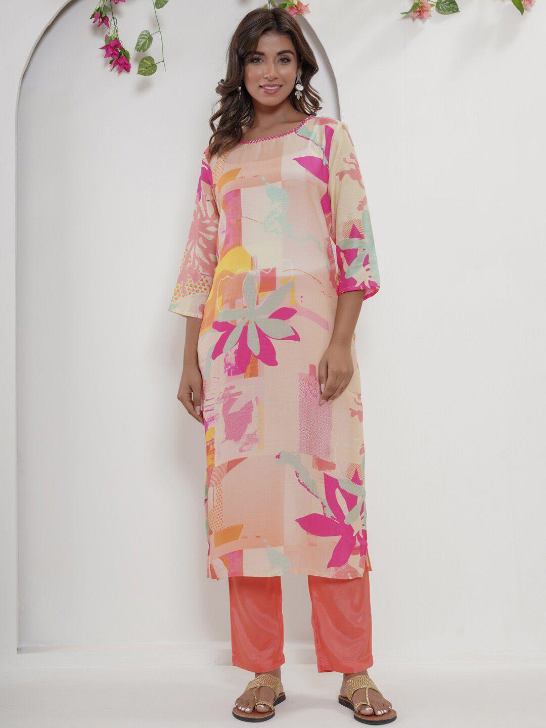 readiprint fashions floral printed straight kurta with trousers