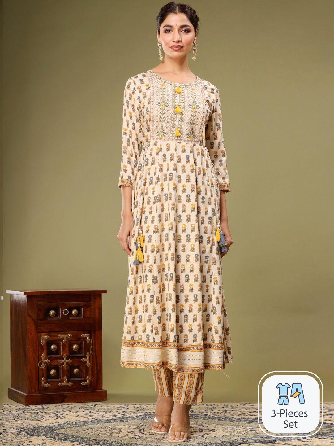 readiprint fashions floral printed thread work anarkali kurta & palazzos with dupatta