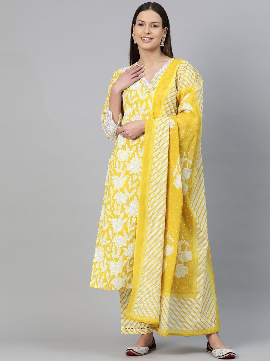 readiprint fashions floral printed thread work pure cotton kurta with palazzos & dupatta
